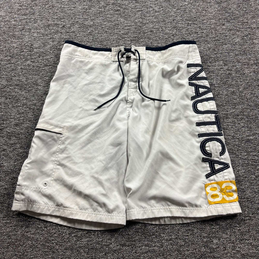 Y2K 2000s Nautica Spellout Baggy White Board Shorts Size 36